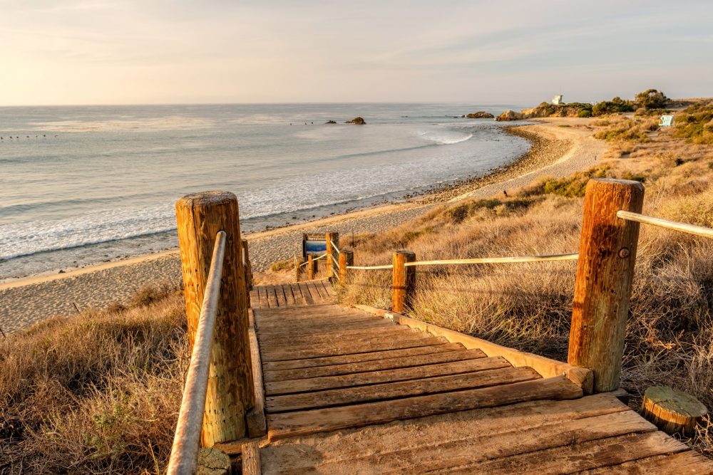 USA Pacific coast landscape, boardwalk to Leo Carrillo State Bea